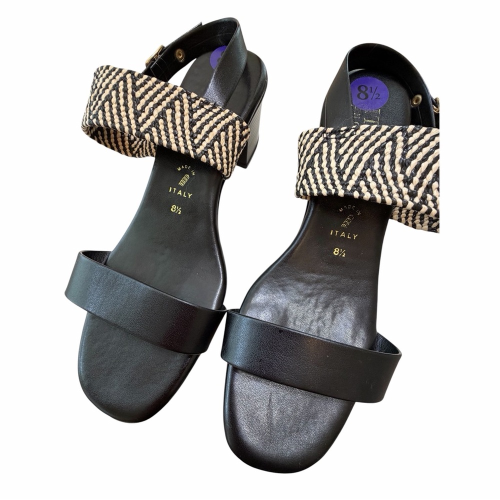 👉 Woven Strap Block Heel Sandals Size 8.5 Black Ankle Strap Chic - Picture 6 of 8